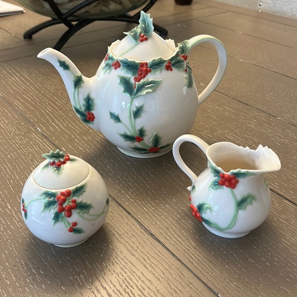 FRANZ Other Vintage Franz Porcelain Holly Teapot With Cream And Sugar Dish Poshmark